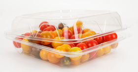 Golden Apple clear hinged container with airtight lid for fresh salads and snacks.