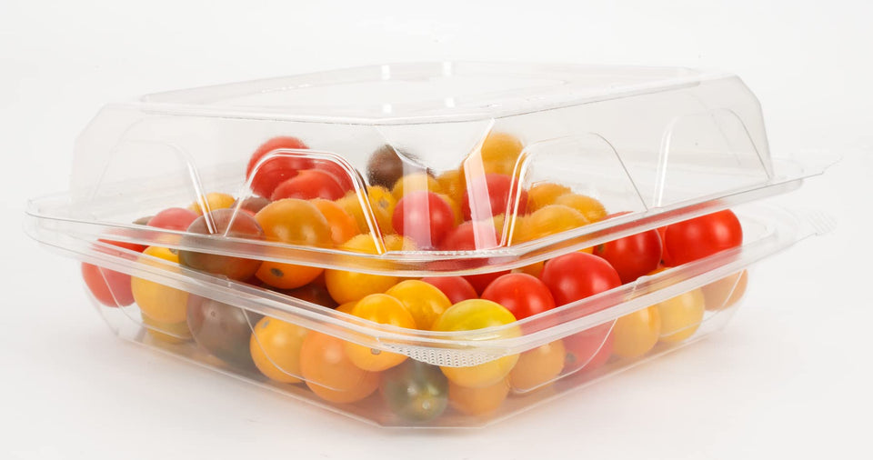 Golden Apple clear hinged container with airtight lid for fresh salads and snacks.