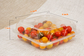 Golden Apple clear hinged container 8x8x3 inches with secure lid.