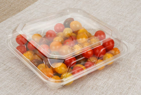 Golden Apple square container close-up shows clear body and lid.