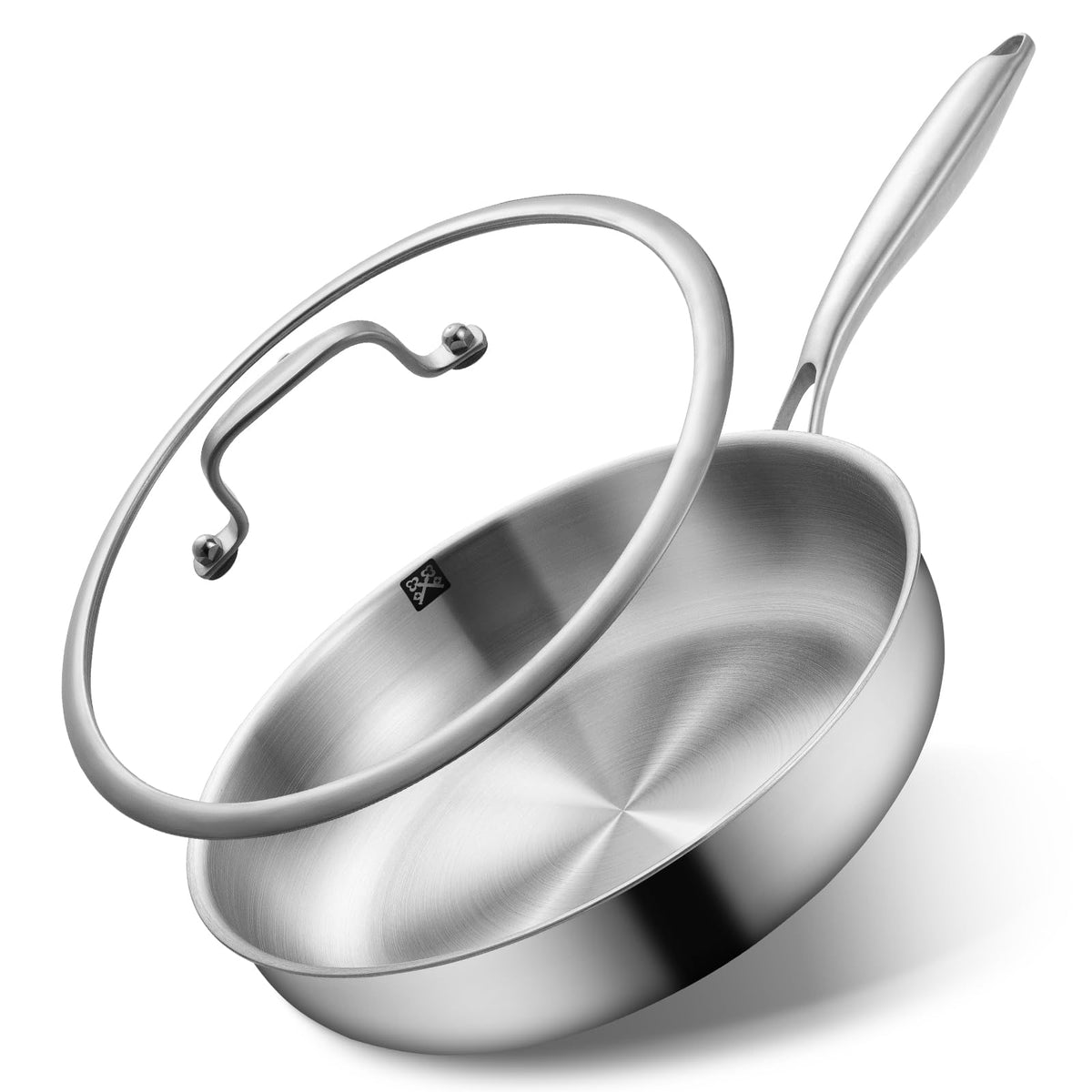GOLDEN KEY 12-inch tri-ply frying pan with lid on stove for even searing