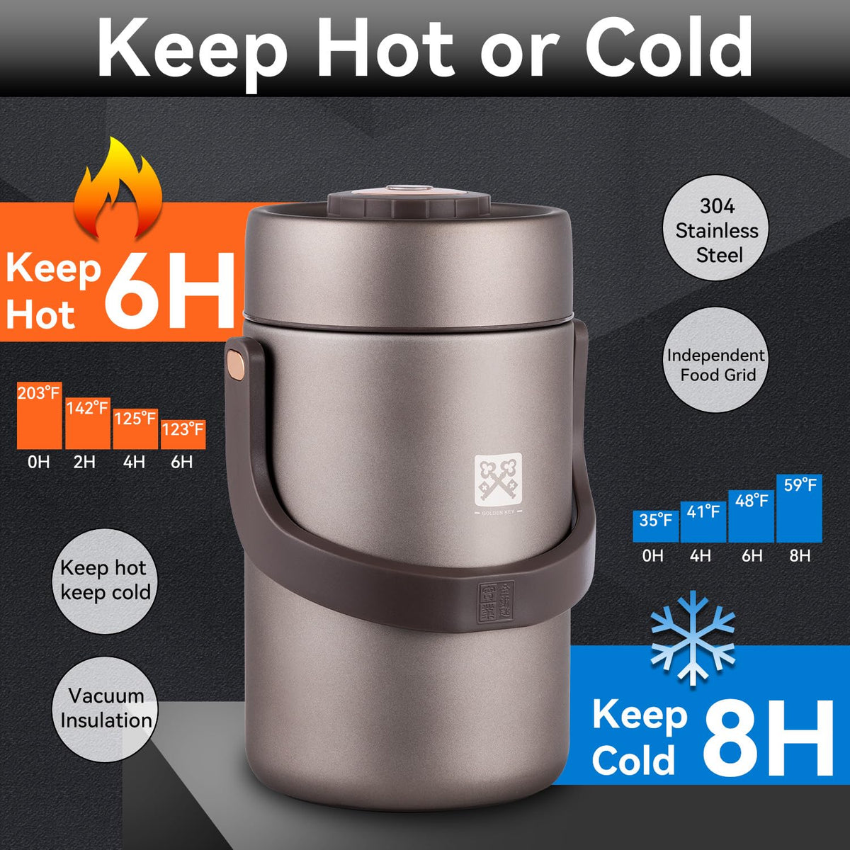 Golden Key 304 stainless interior ensures durable, BPA-free food storage.