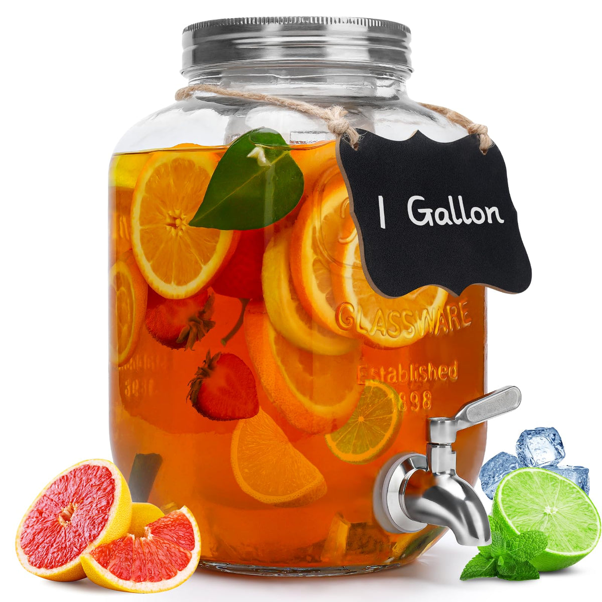 Goldfishwa 1gal glass dispenser with lid for elegant party service.
