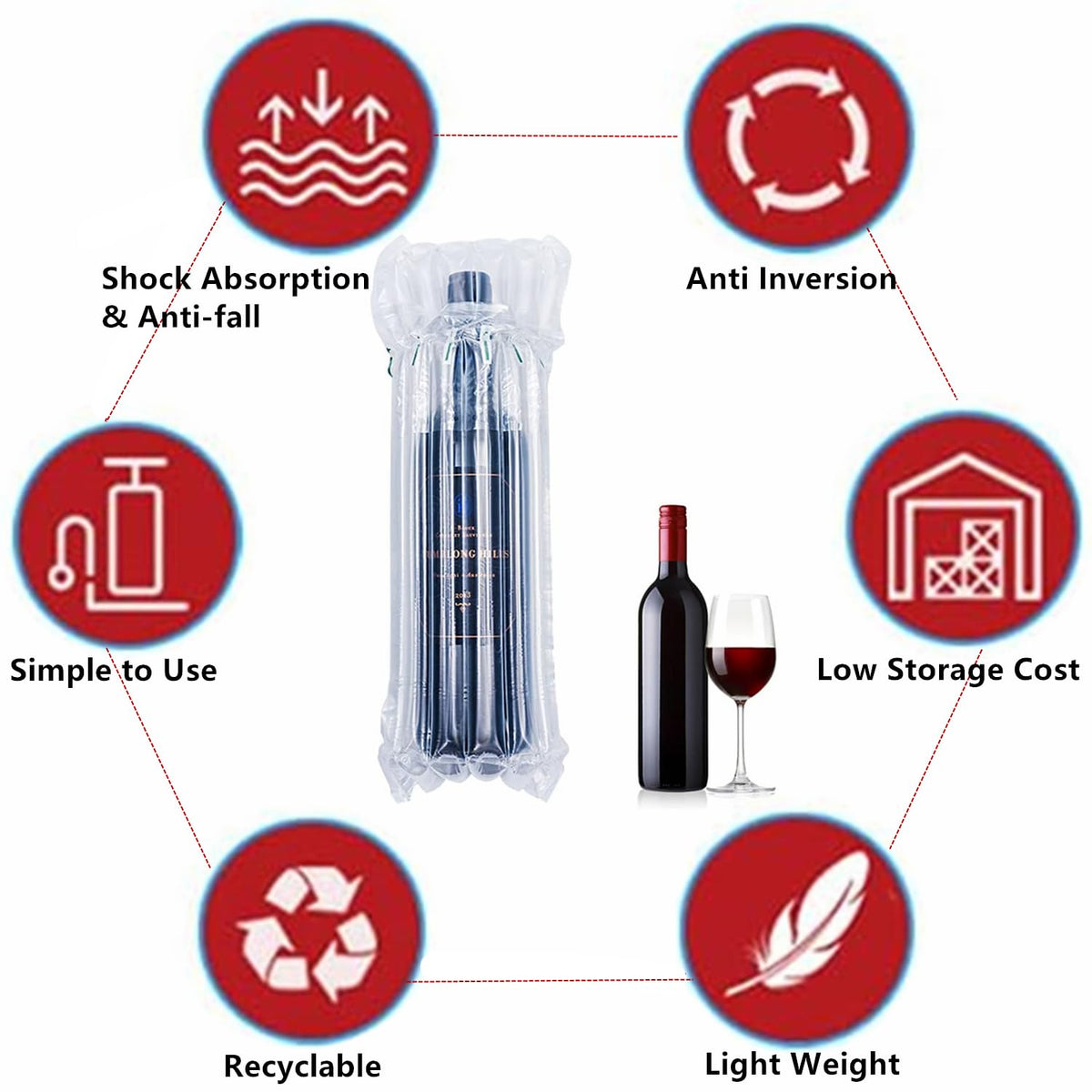 Goldhik air-column cushion bag demonstrates 3.5-inch diameter fit for standard 33 oz bottles