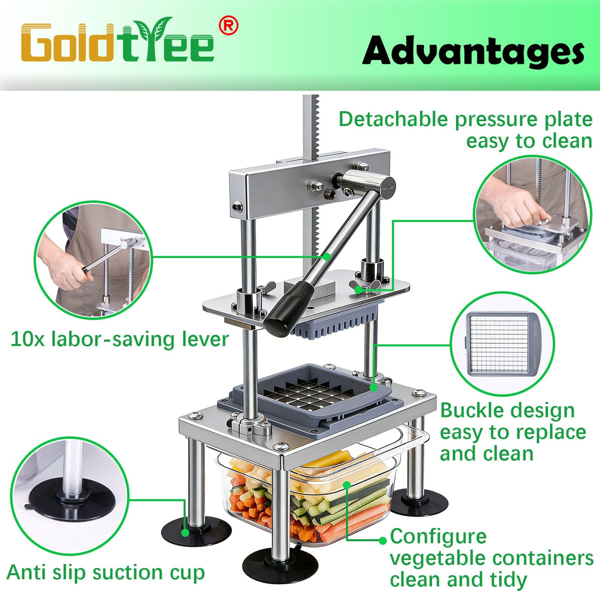 Goldtree quick-release blades enable easy changes and cleanup.