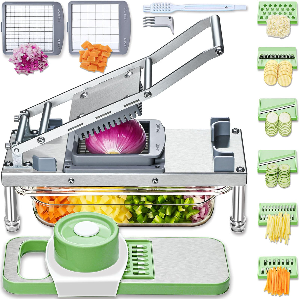 Goldtree Vegetable Chopper front view shows a sturdy 8-blade system for versatile prep.