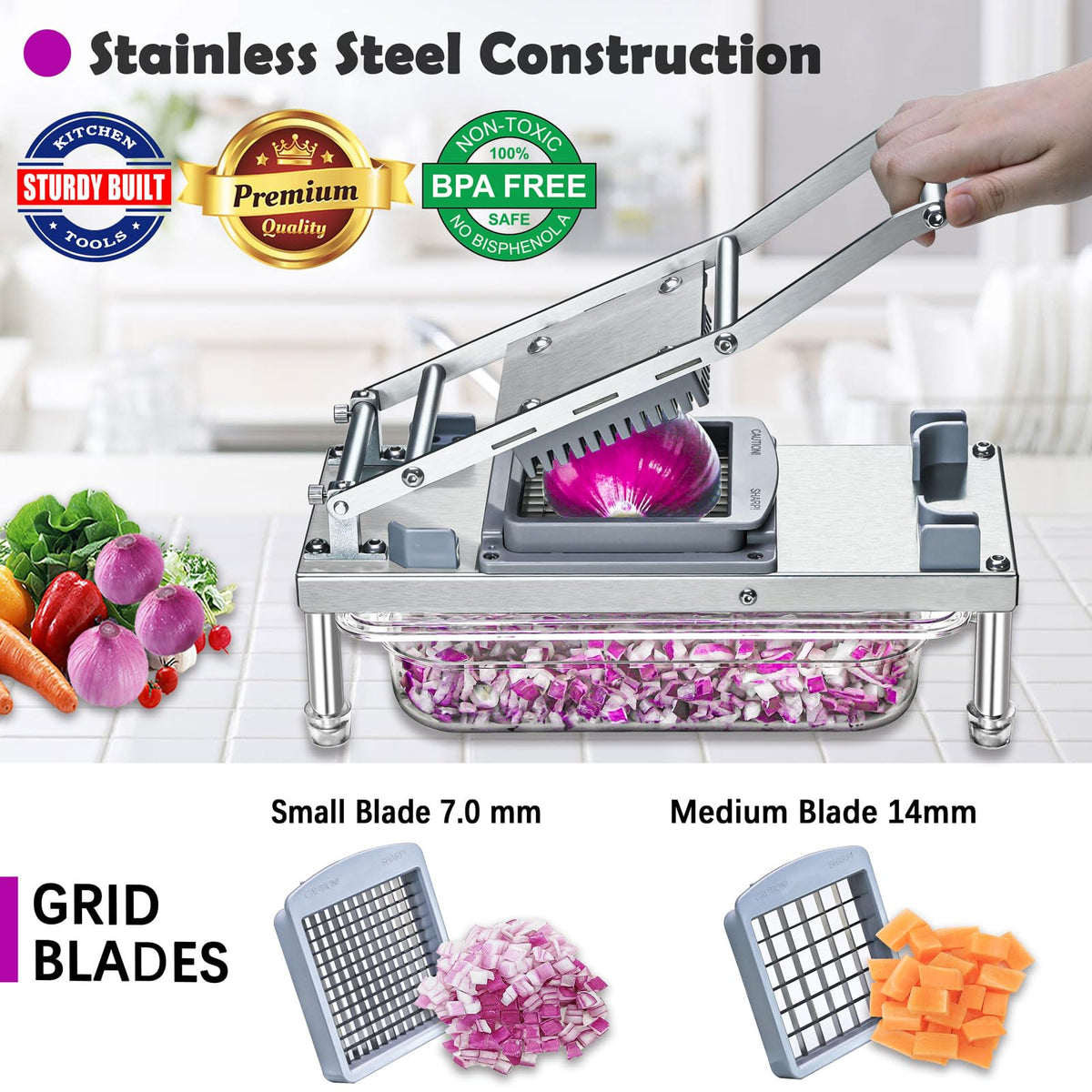 Goldtree Vegetable Chopper with interchangeable blades pack enables quick shifts between cuts.
