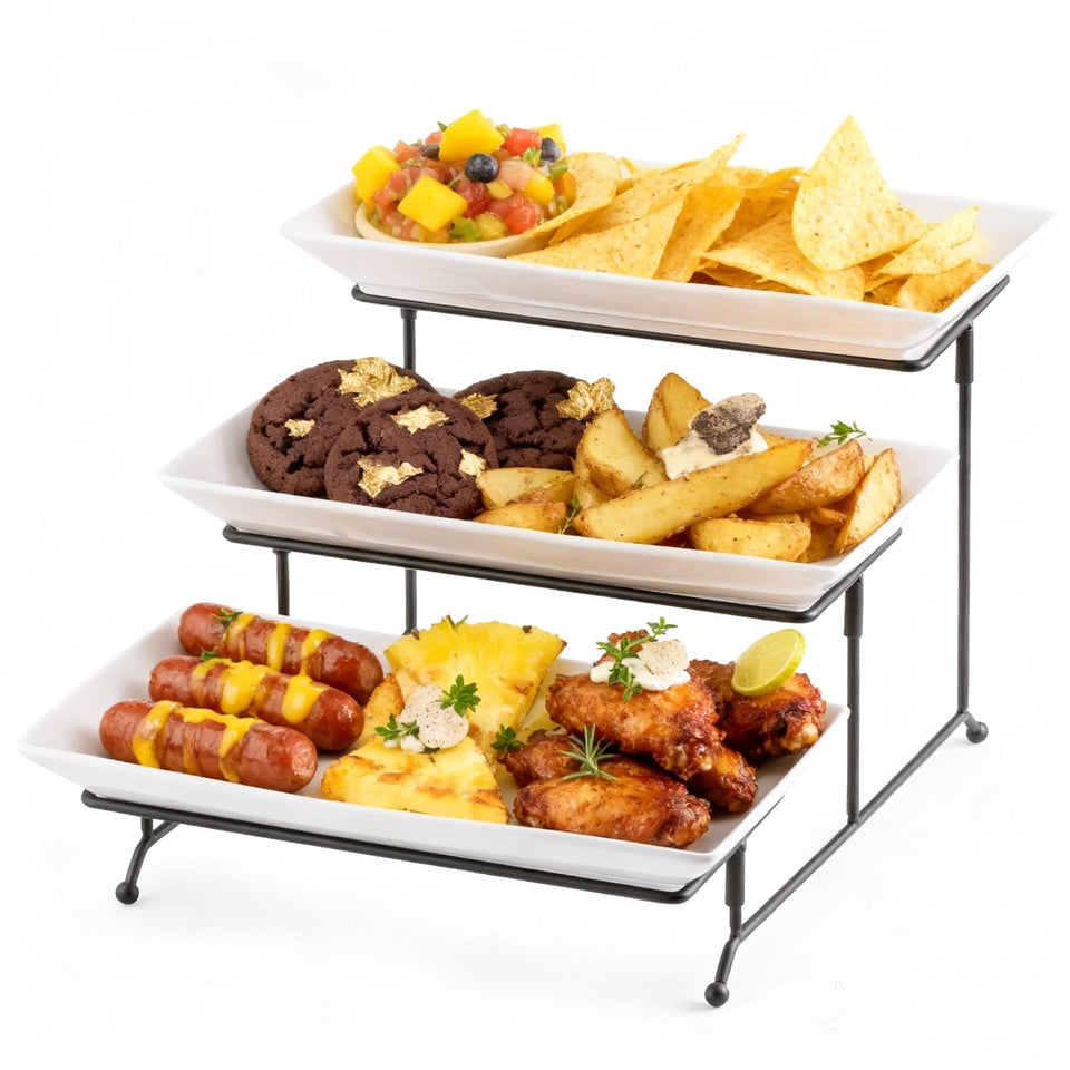 Gomakren 3-tier porcelain serving stand displaying desserts for elegant entertaining