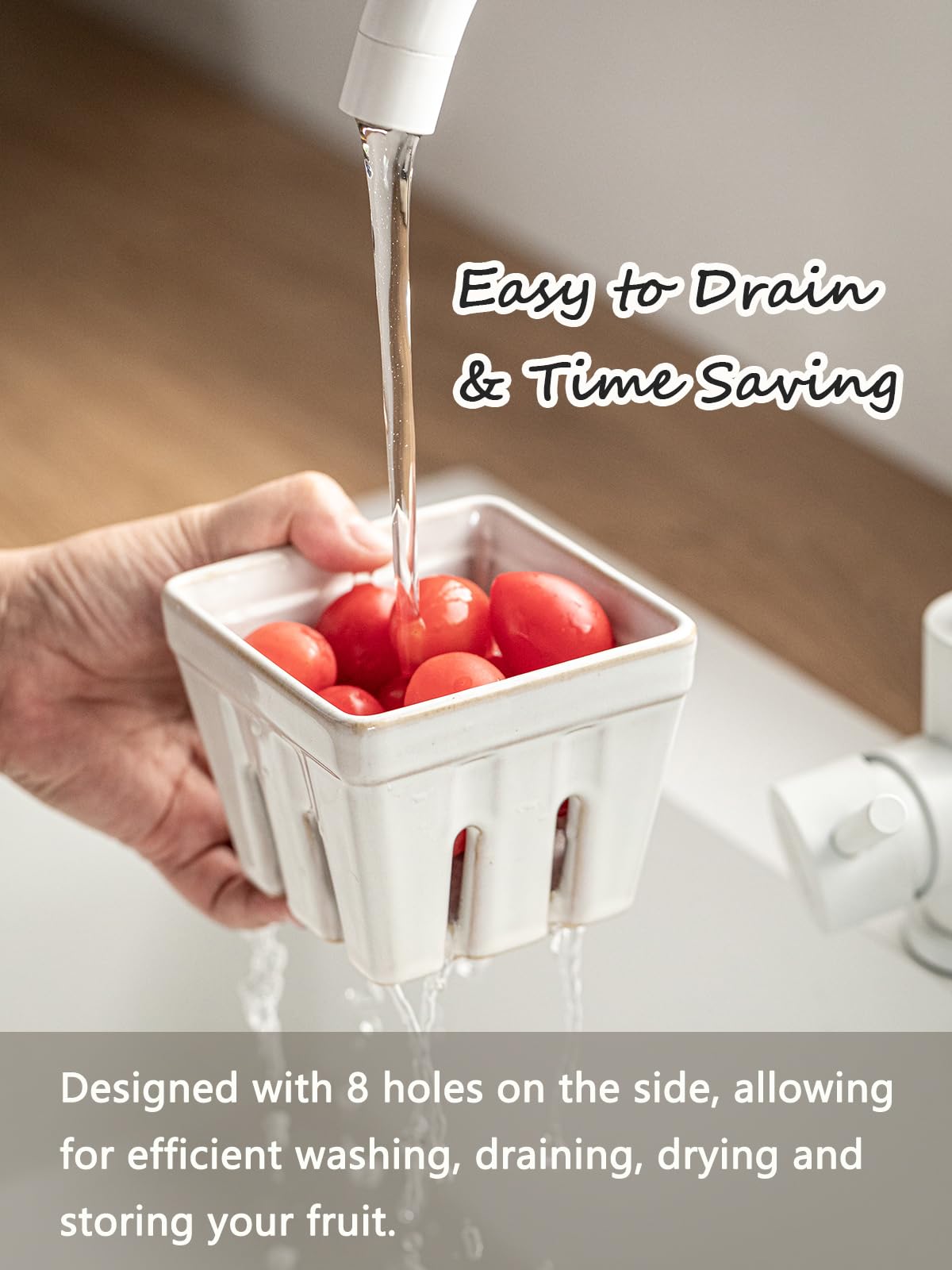 Gomakren ceramic berry basket stackable design saves cabinet space.
