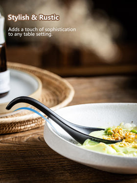 Gomakren Chinese spoon with long handle resting at bowl edge