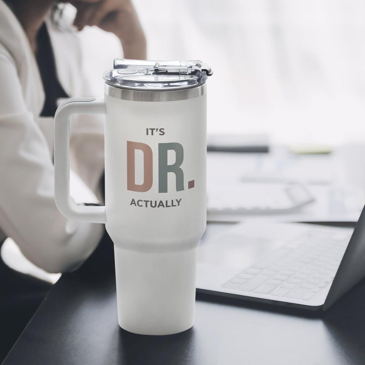 GoMelley It's Dr Actually 40oz tumbler flip-top lid enables easy one-handed use