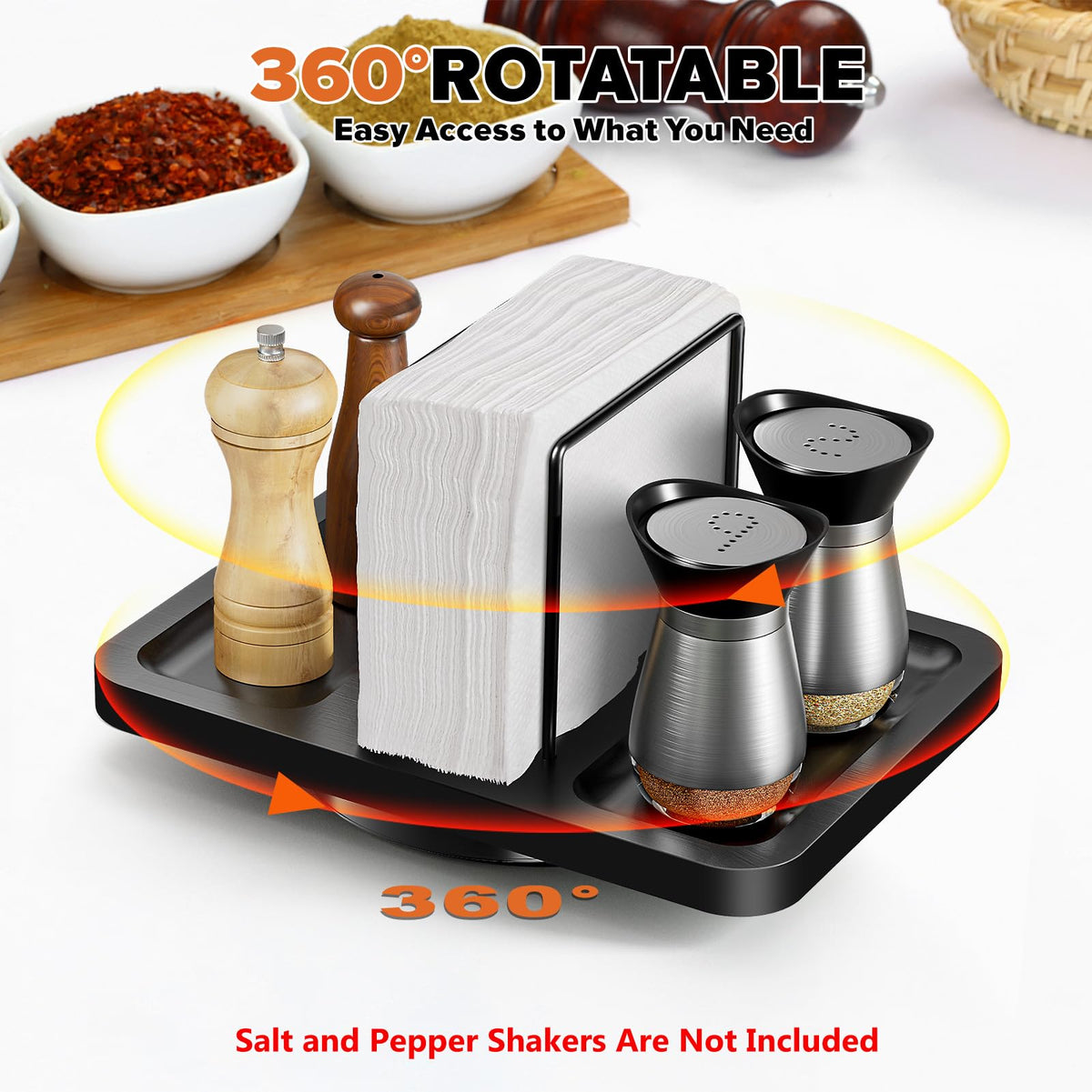 Gomyrod 360-degree spin napkin holder keeping condiments within reach for gatherings