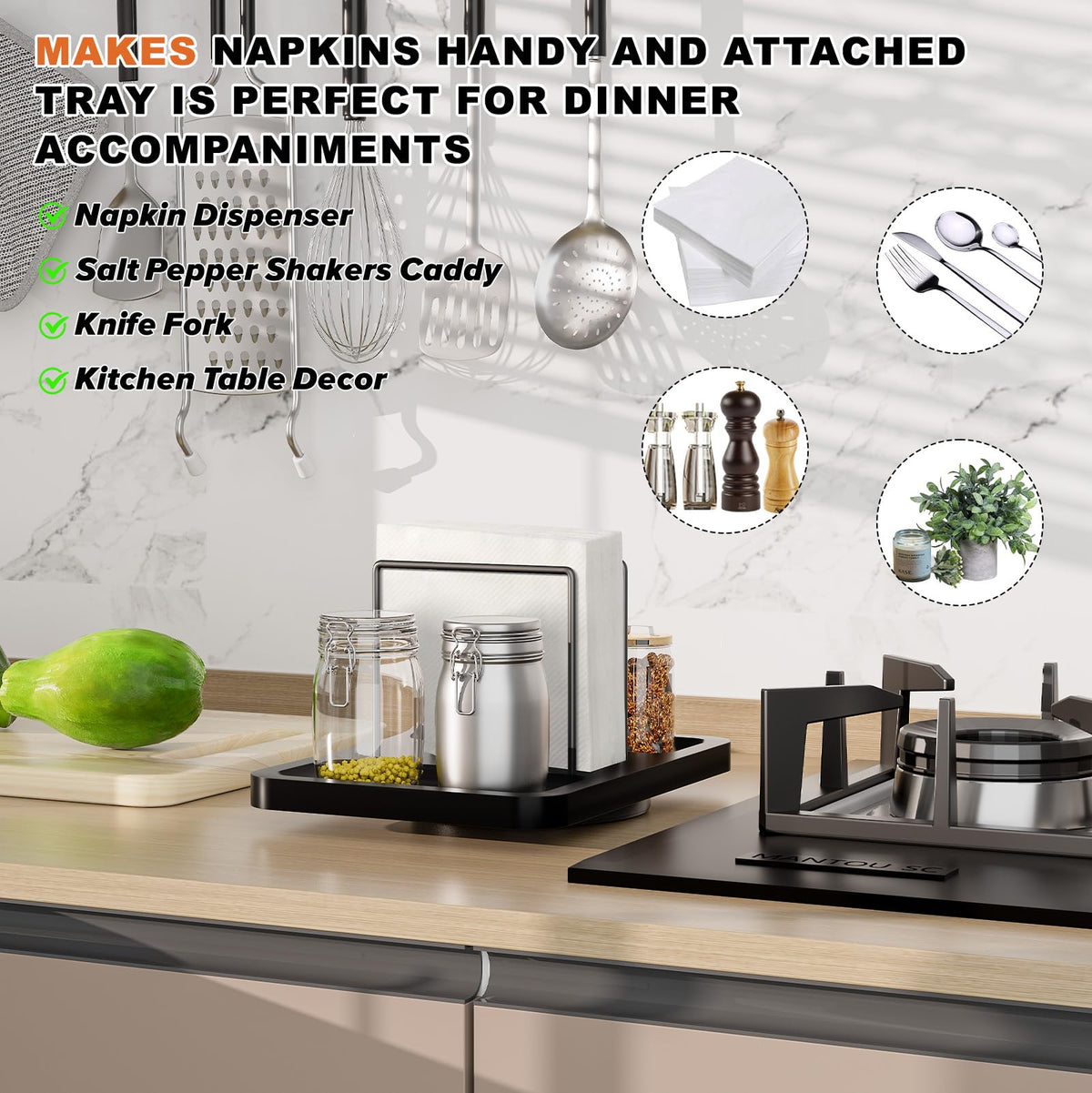 Gomyrod bamboo-base napkin dispenser stabilizes on tables with soft cushion feet