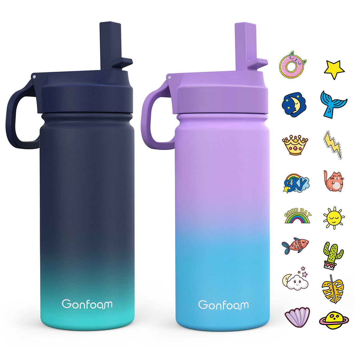 Gonfoam kids water bottle 2-pack with straw design enables easy sipping for kids.