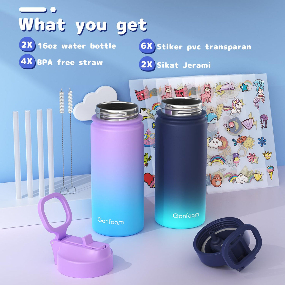 Gonfoam bottle with vacuum insulation keeps beverages cold for long school days.