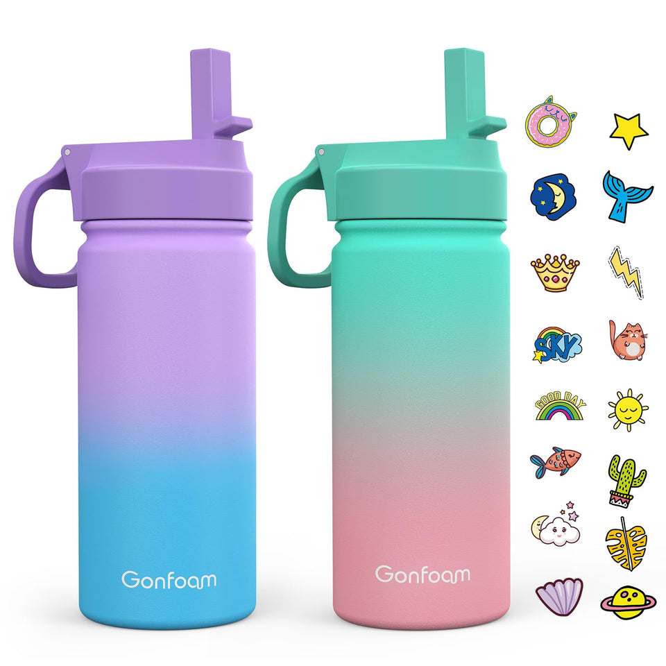 Gonfoam 2-pack kids water bottles in purple and green, ideal for school