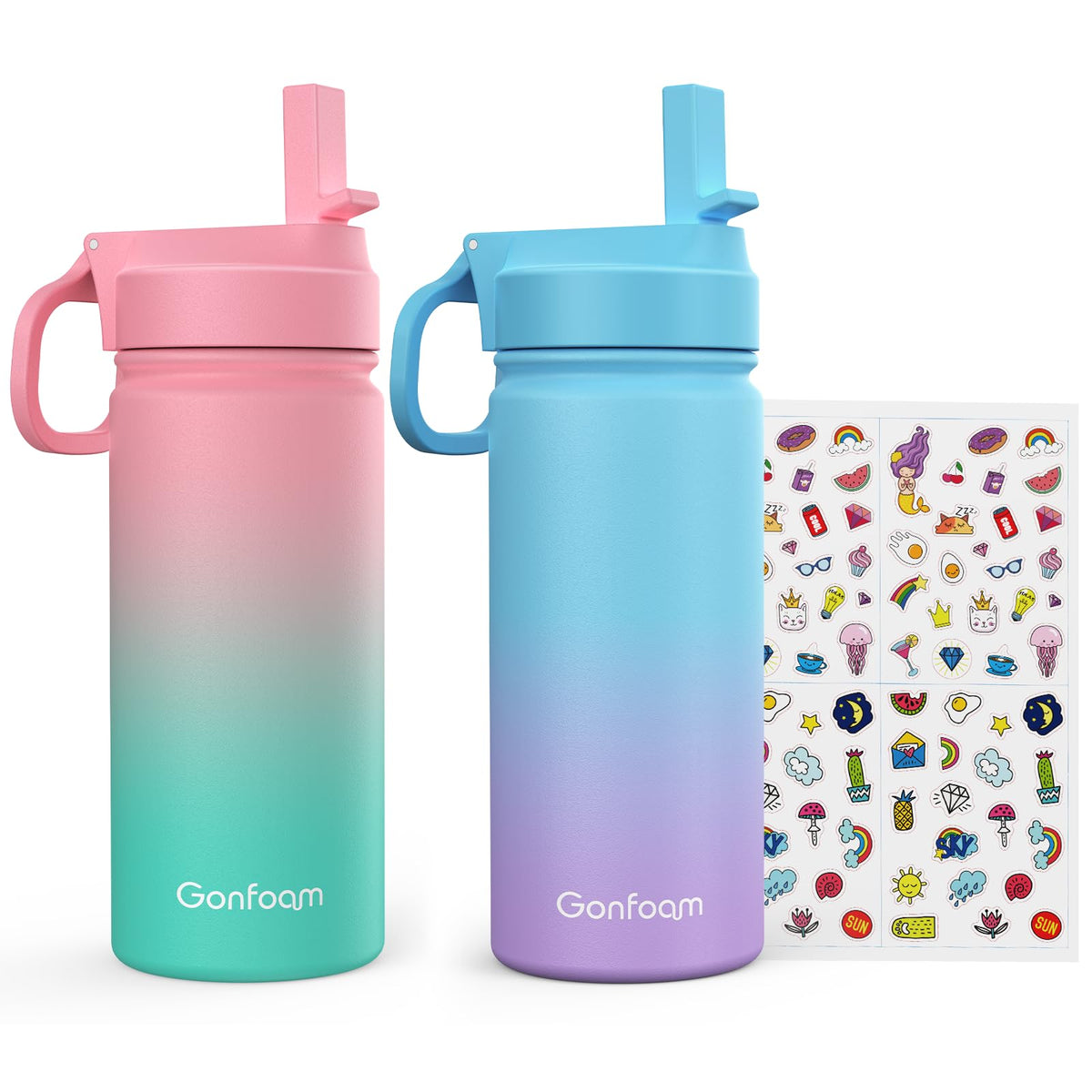 Gonfoam kids water bottle 2-pack pink and blue for school, durable hydration.
