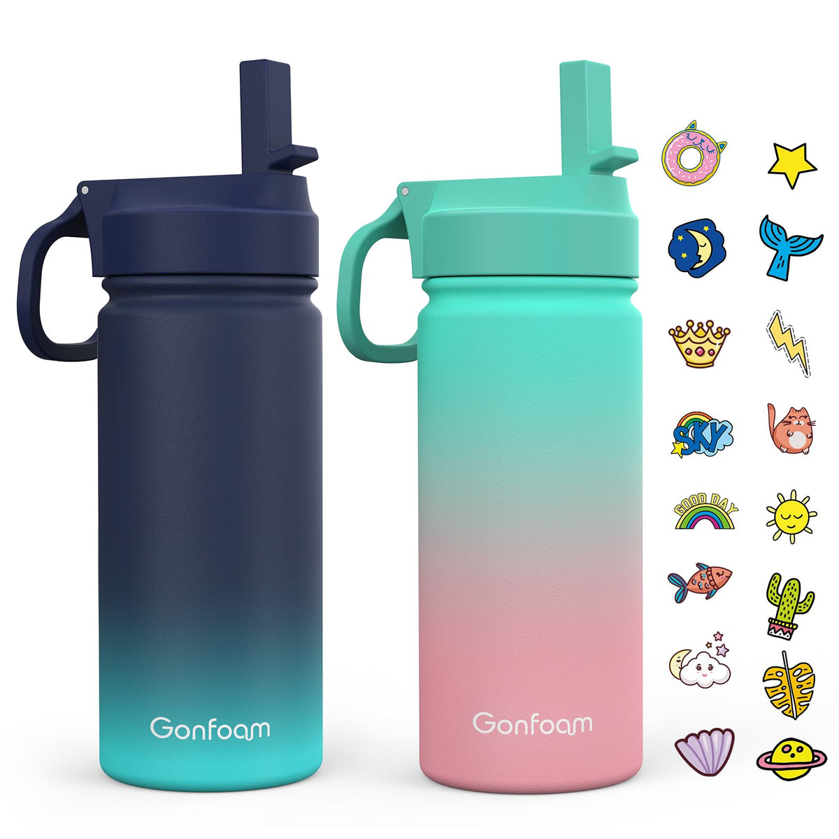 Gonfoam kids water bottle 2-pack with stickers and straw, customizable for school days.