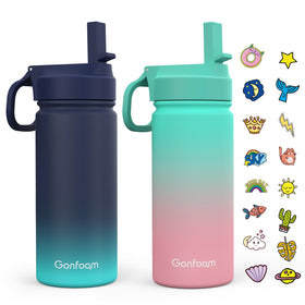 Gonfoam kids water bottle 2-pack with stickers and straw, customizable for school days.