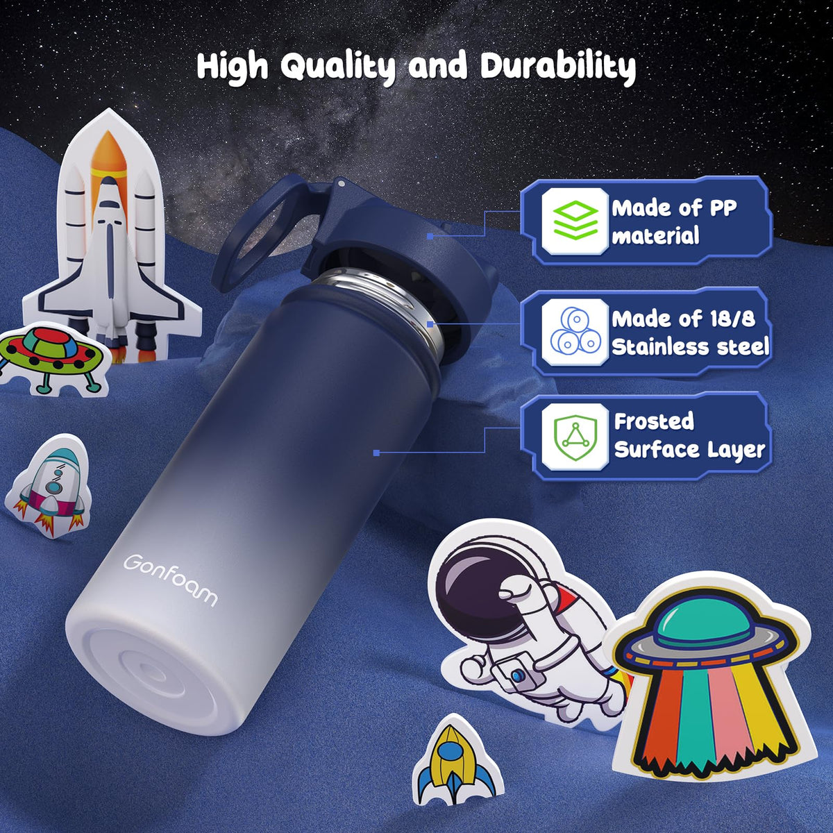 Gonfoam bottle fits small backpacks for school and travel.