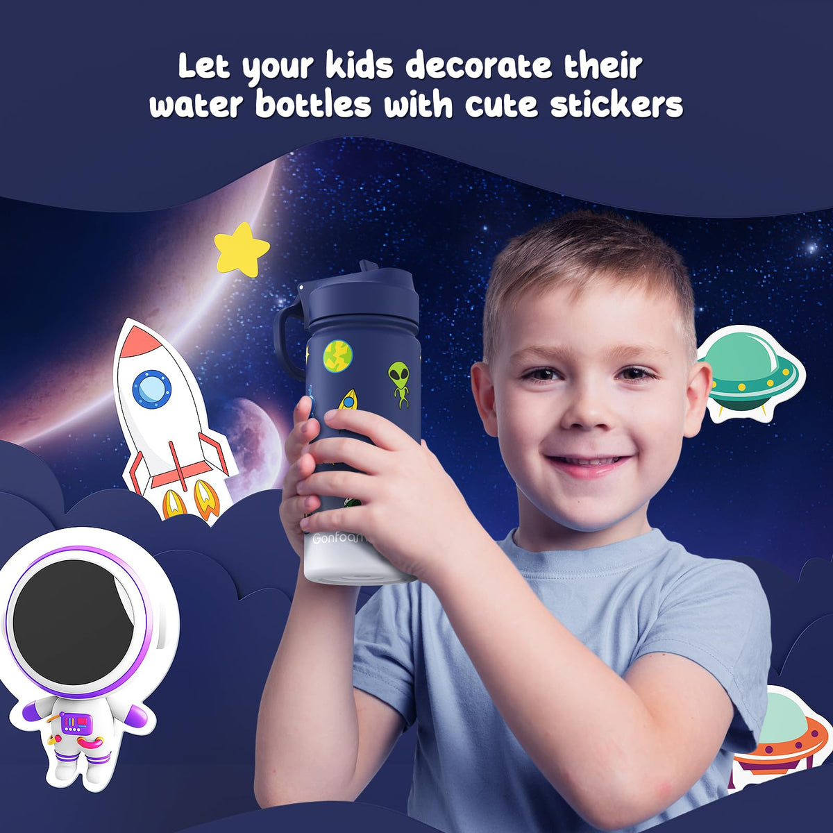 Gonfoam kids bottle with DIY stickers promotes personalization and ownership.