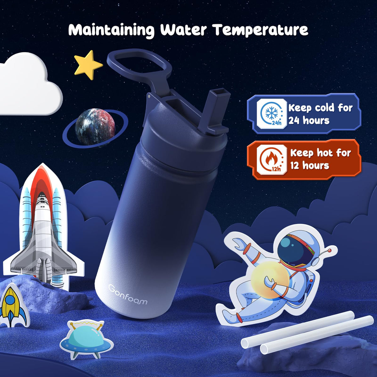 Gonfoam kids bottle straw enables easy sipping for kids on the move.