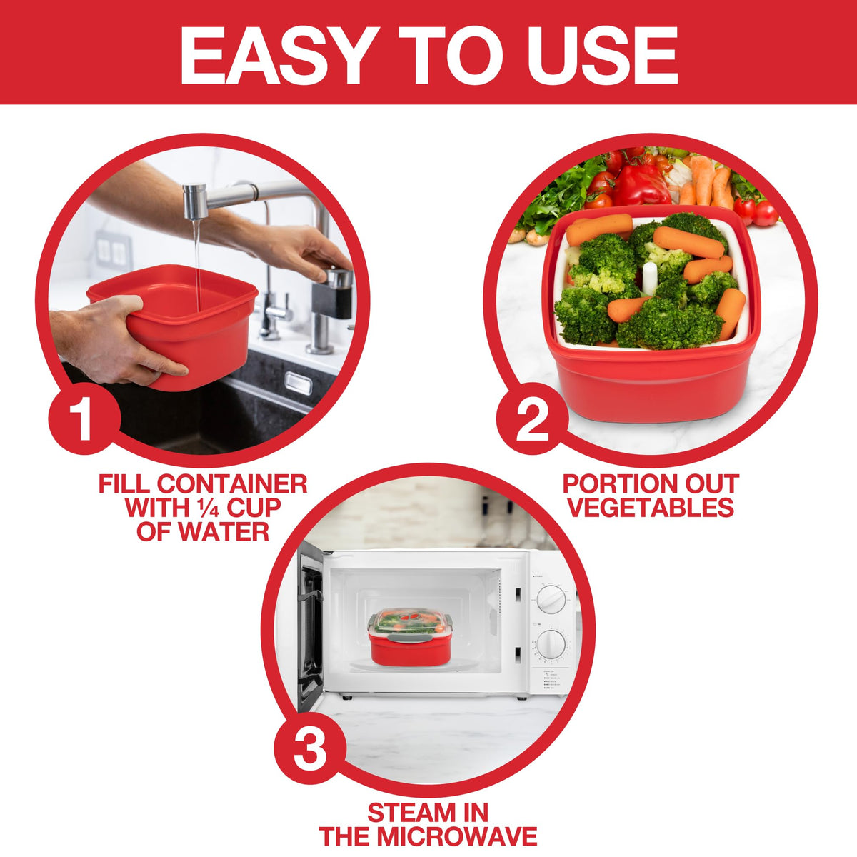 Good Cooking microwave steamer locking lid prevents spills during transport