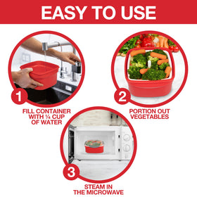 Good Cooking microwave steamer locking lid prevents spills during transport