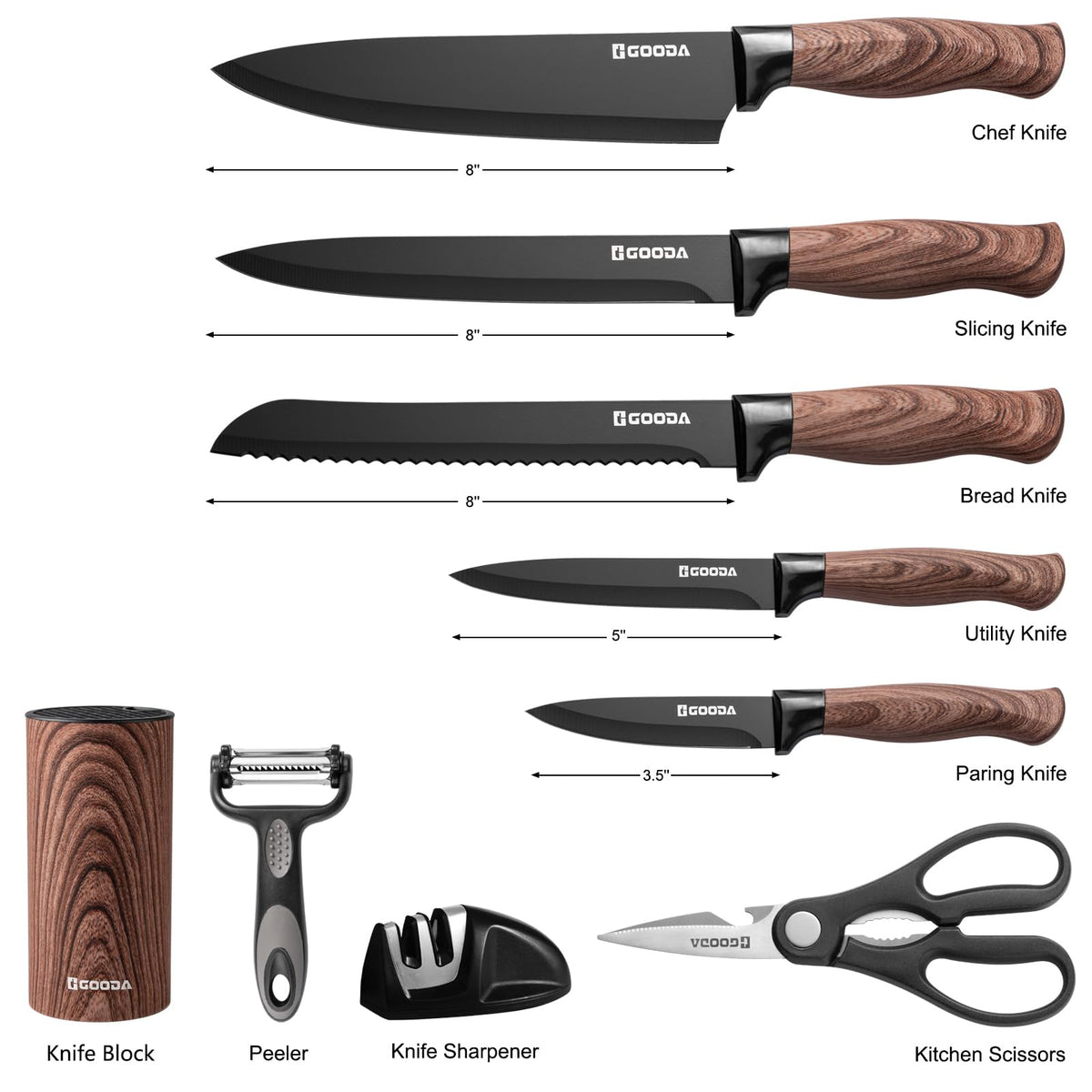 GOODA countertop knife block demonstrates compact storage with modern style.