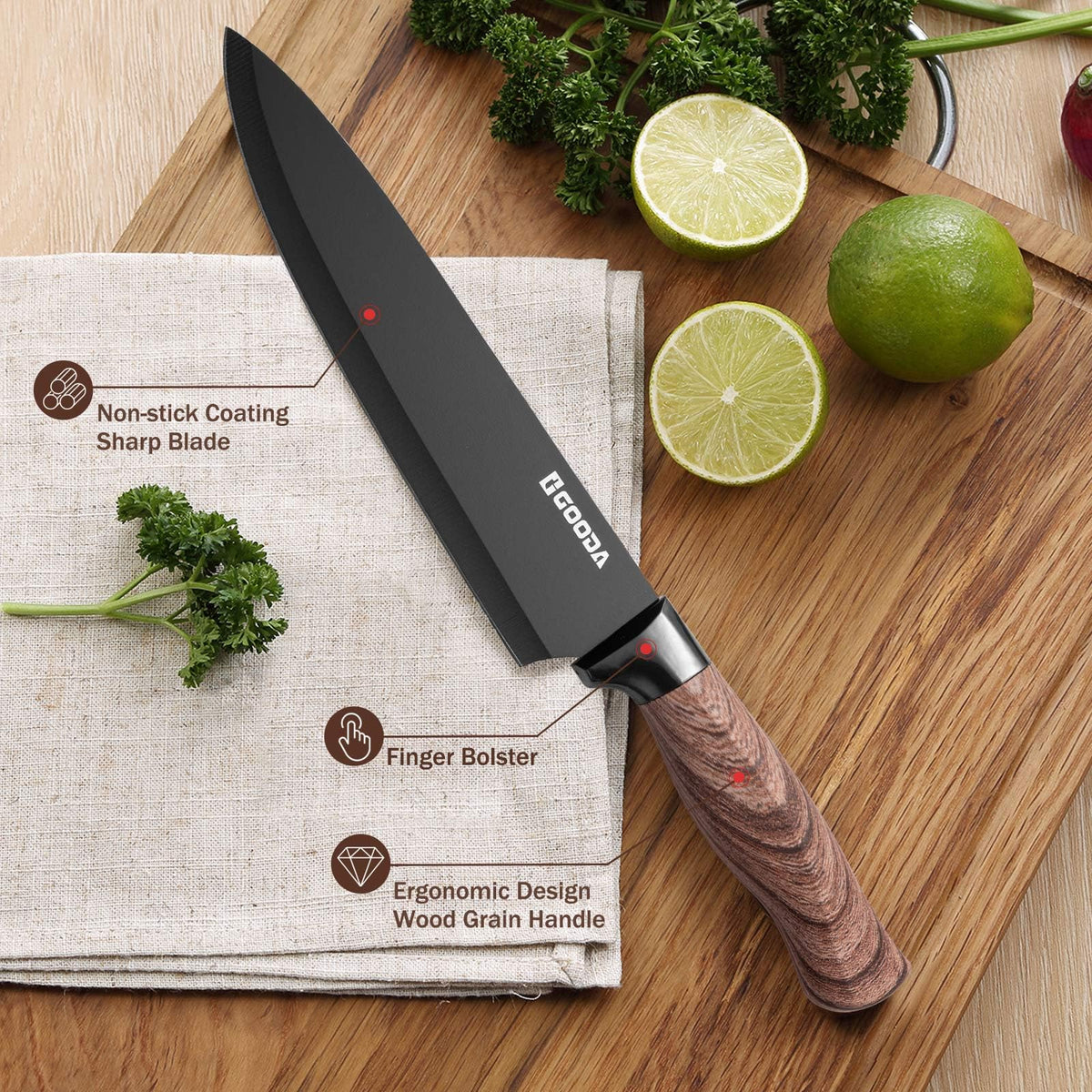 GOODA ergonomic wood-grain handle delivers secure, comfortable grip during prep.