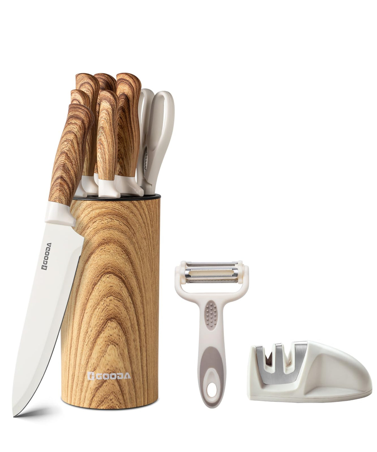 GOODA 8-inch chef knife blade close-up showing precision edge for clean cuts