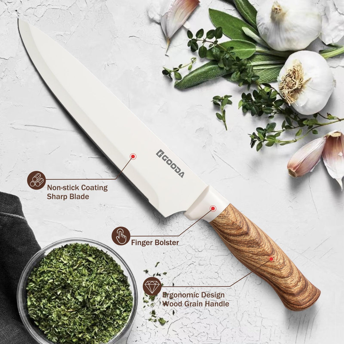 GOODA 8-inch slicing knife poised for precise meat slicing