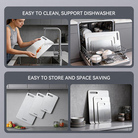 GoodArtificer titanium cutting board dishwasher-safe for quick post-meal cleanup.