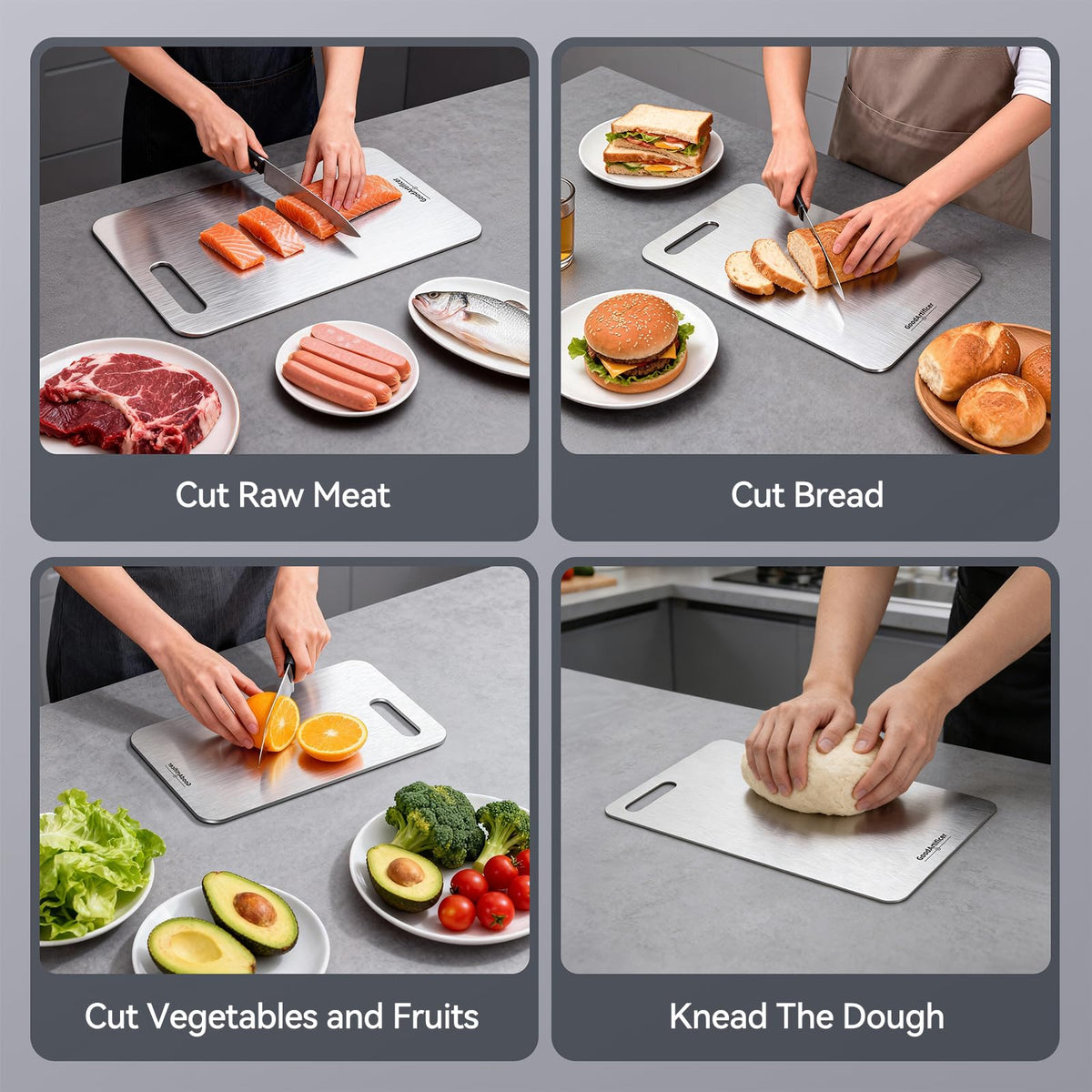 GoodArtificer titanium cutting board double-sided design separates raw and cooked foods.