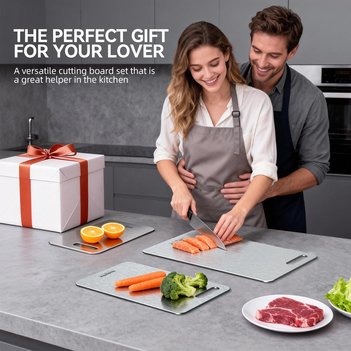 GoodArtificer titanium cutting board durable one-piece alloy for long-term kitchen use.