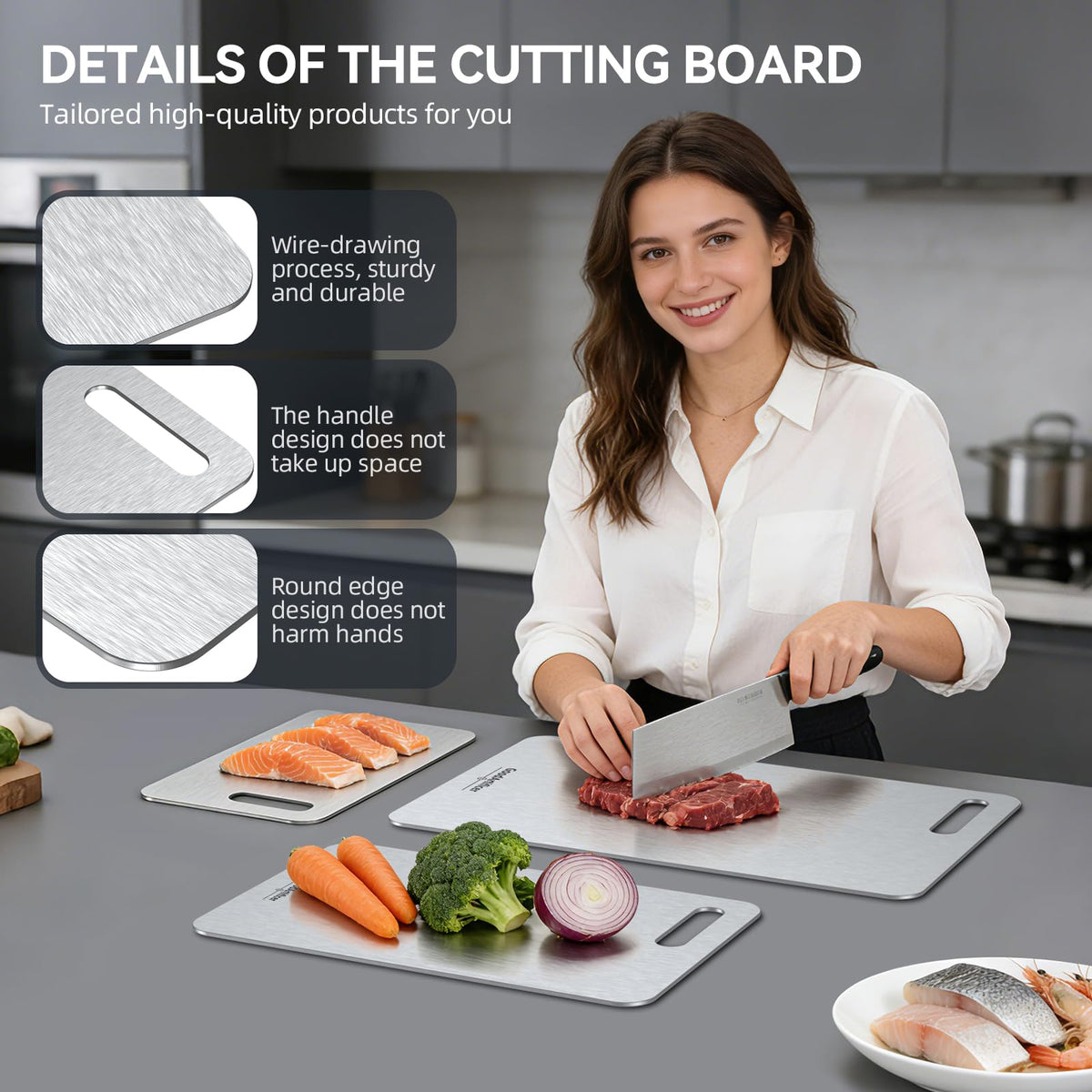 GoodArtificer titanium cutting board 10-5x6-5 with convenient handle for easy transfer.