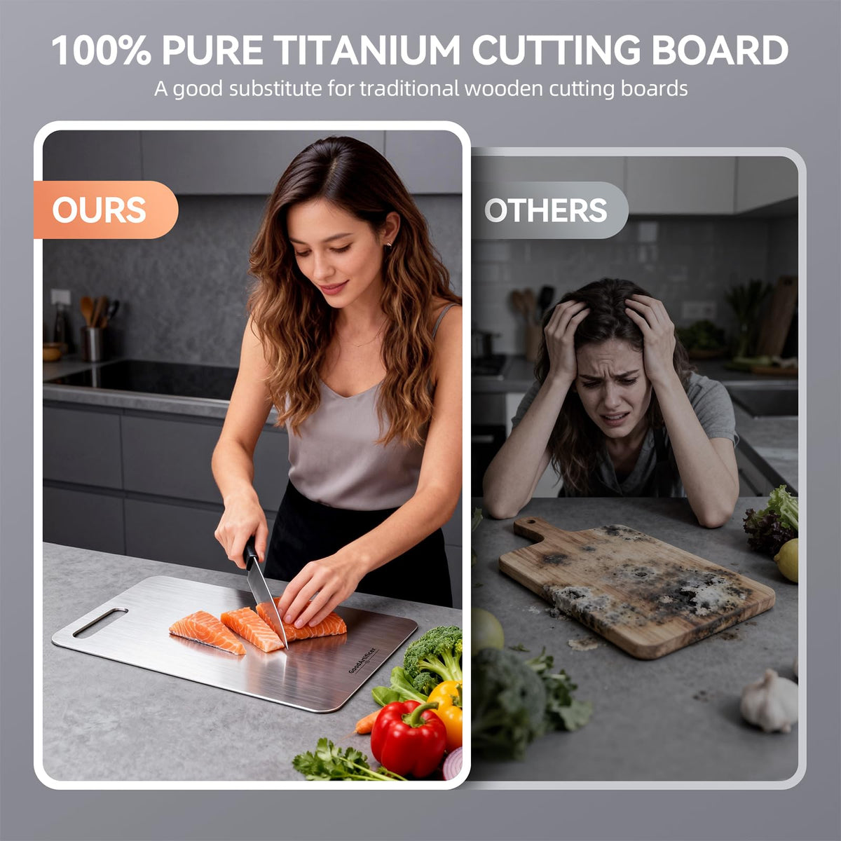 GoodArtificer titanium cutting board set 13x8 side-by-side for meats and produce.