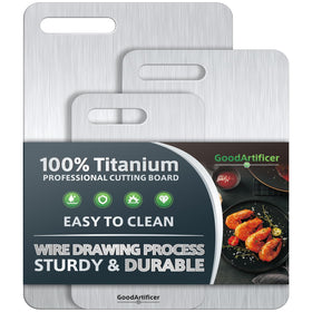 GoodArtificer titanium cutting board set 16x10 top view for space-saving prep.