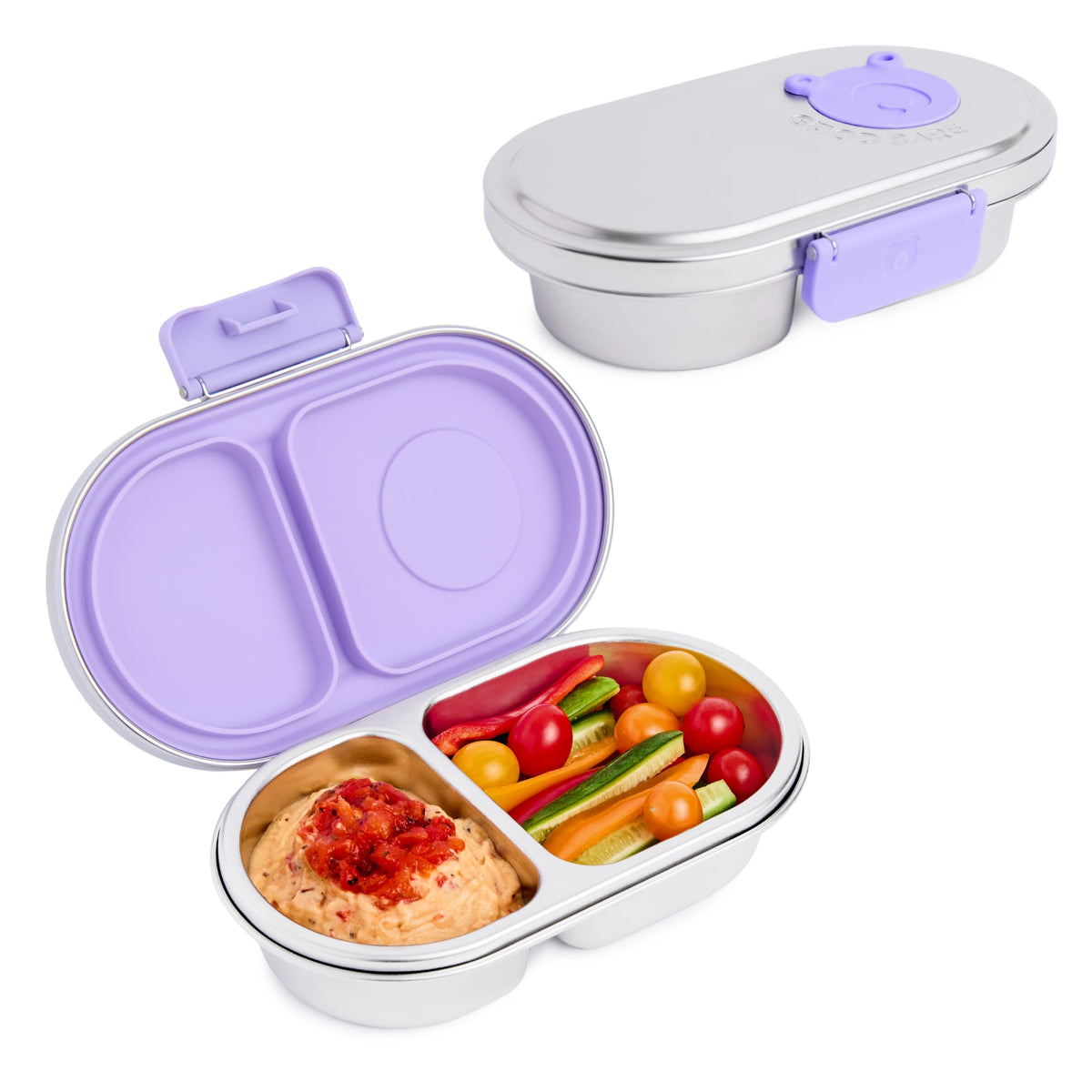 Good Bare stainless steel snack container for kids with two compartments keeps snacks organized.