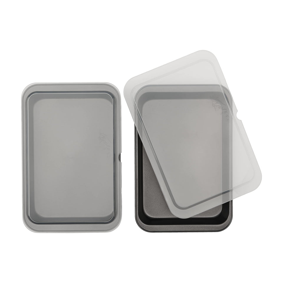 GoodCook 2-pack nonstick cake pans with lids for mess-free release and freshness.