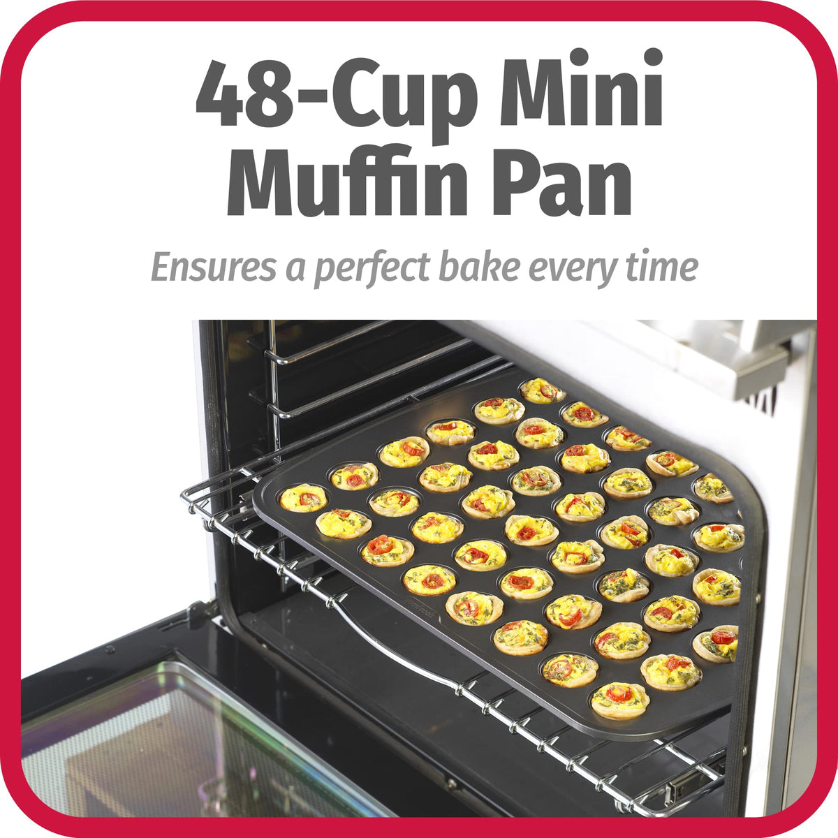 GoodCook pan in oven shows batch-ready mini muffins for uniform results
