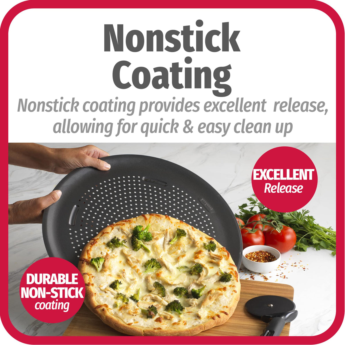 GoodCook AirPerfect elevated-bottom design keeps hot pans off countertops.