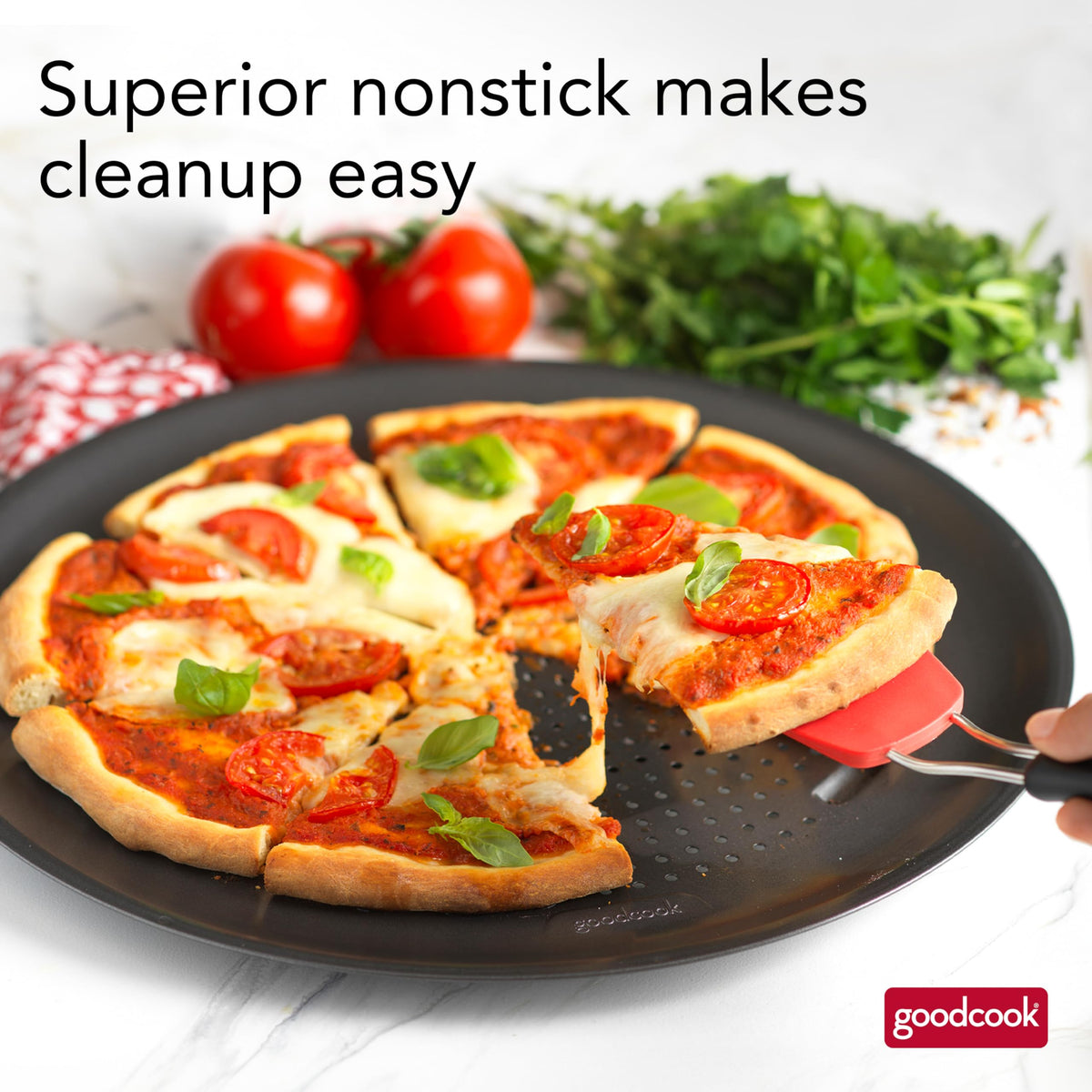 GoodCook AirPerfect pan feet lift hot pan for countertop safety.
