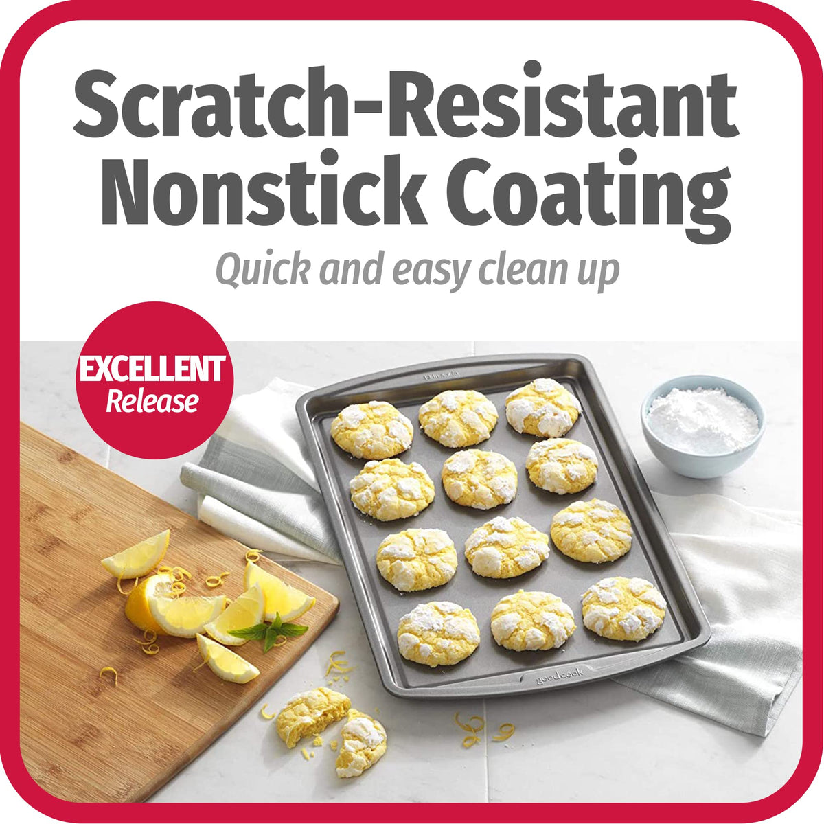 GoodCook carbon steel baking sheet close-up demonstrates warp-resistant durability.
