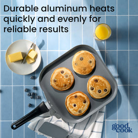 Pancakes cooking on GoodCook 11-inch griddle surface