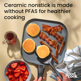 Ceramic nonstick coating on GoodCook pan for easy food release