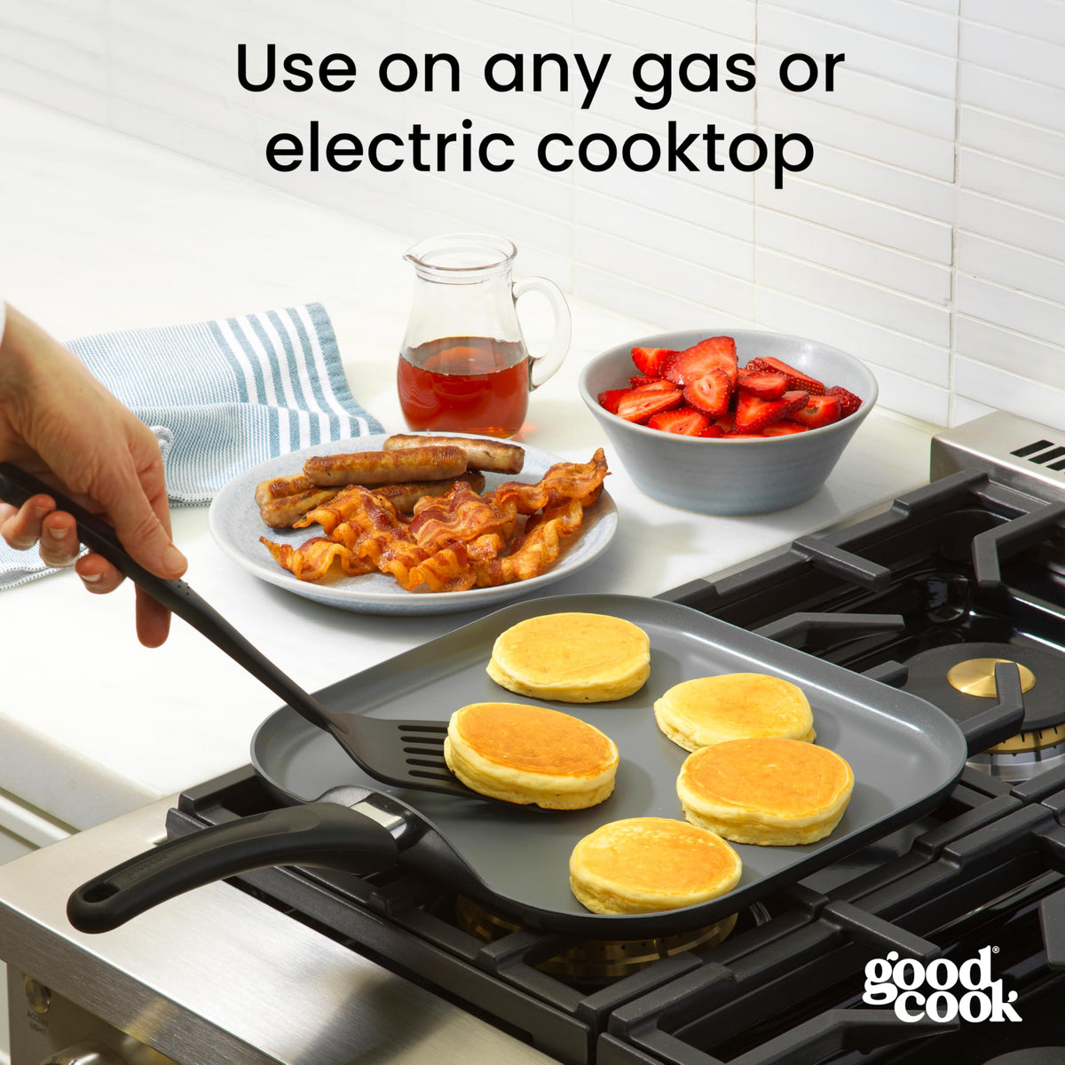 Stay-cool flame guard handle on GoodCook griddle pan
