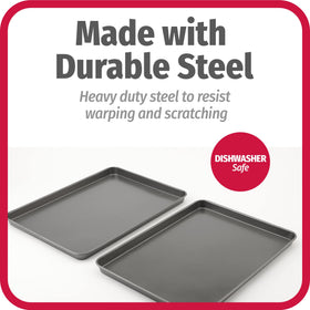 GoodCook extra-large cookie sheet yields even air circulation for crisp edges.