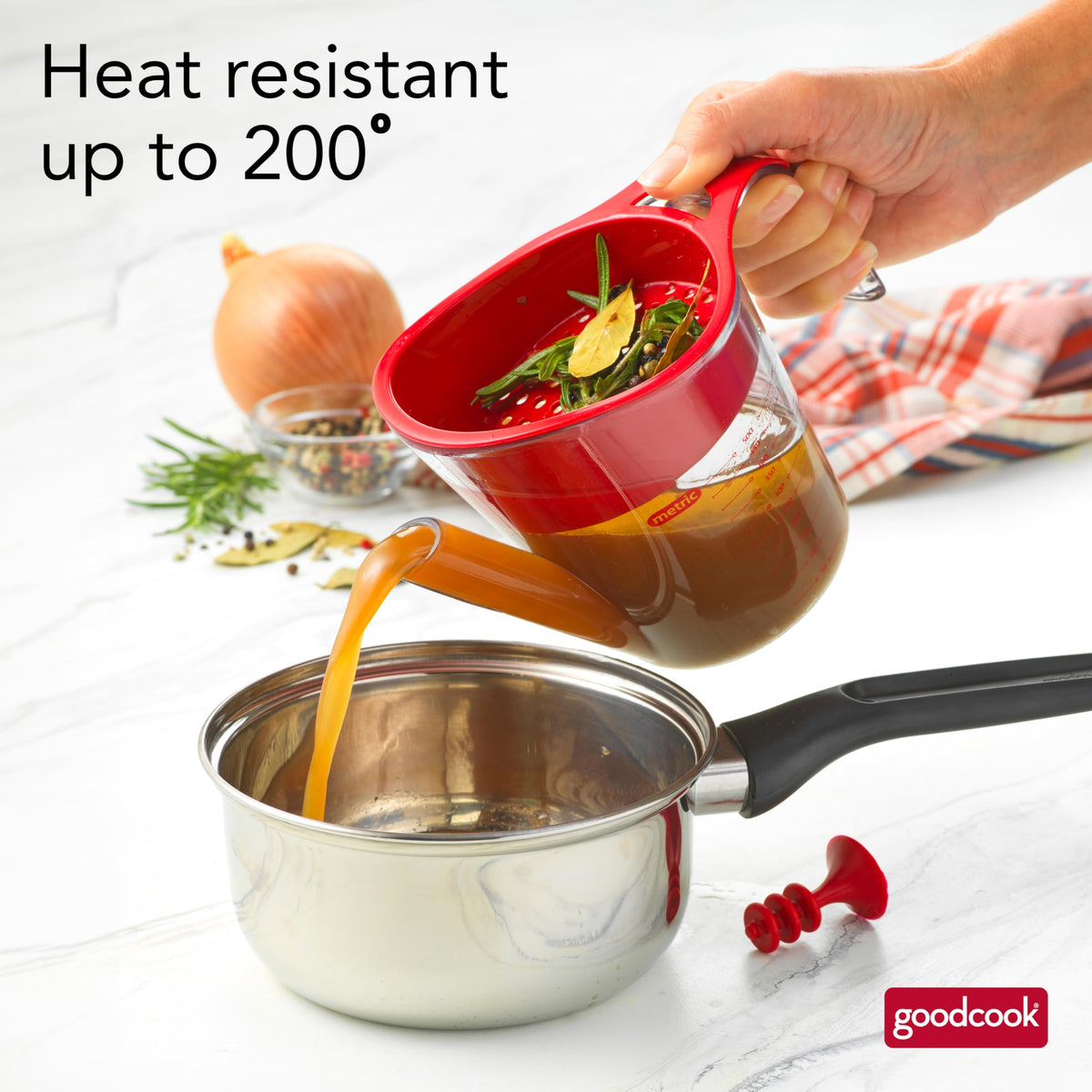 Silicone stopper on GoodCook fat separator preventing fat in the spout