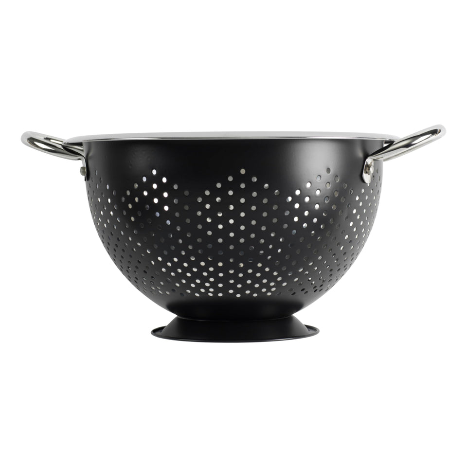 GoodCook Gourmet Colander front view with bold black finish for easy produce rinsing.